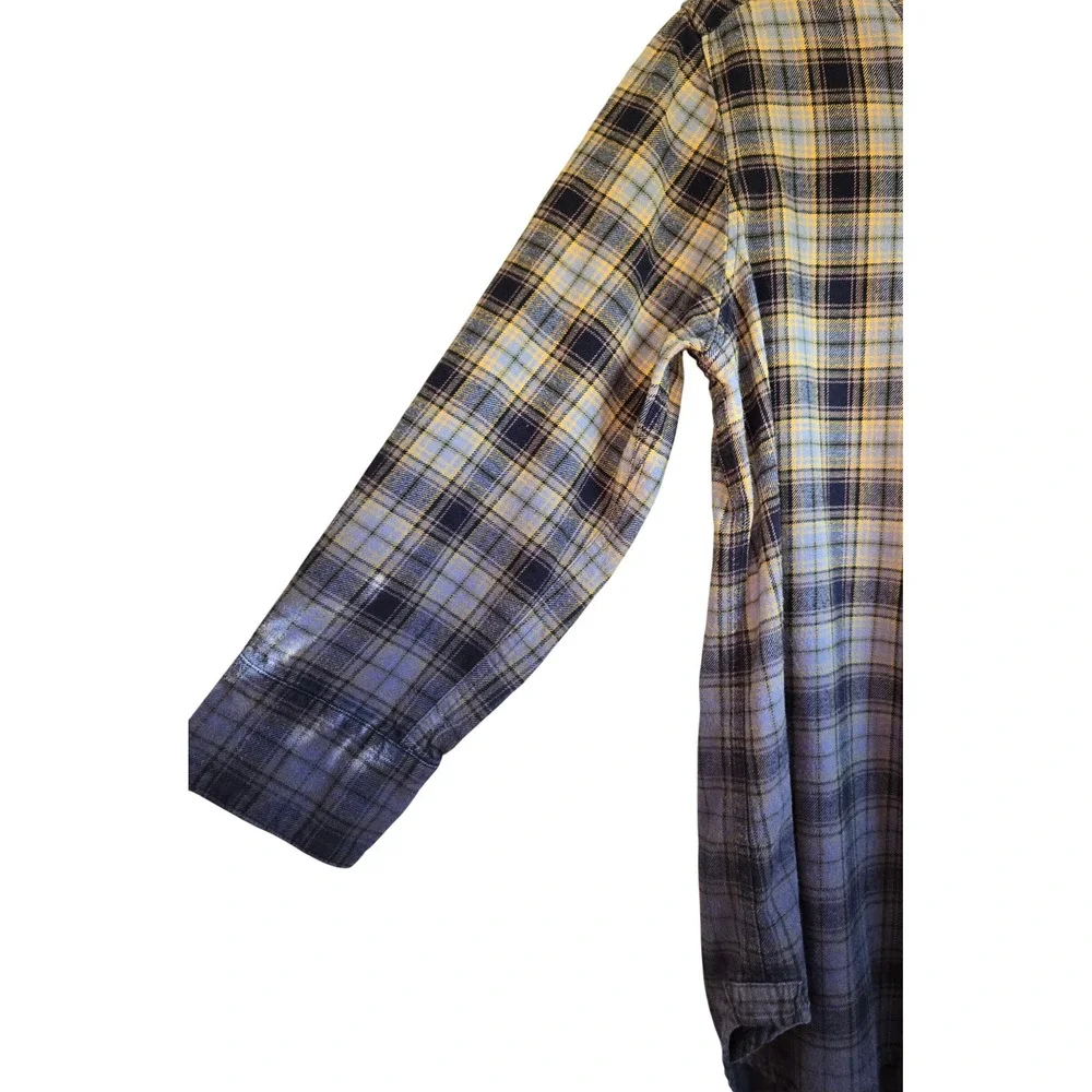 PJK Blue Label Womens L Cozy Plaid Flannel Henley Tunic Shirt Blue Yellow Ombre